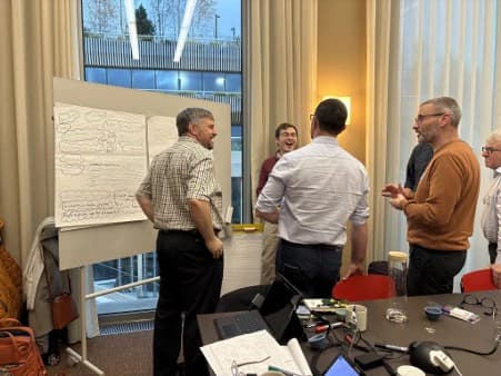 A leadership team working together around a flipchart in a facilitated session